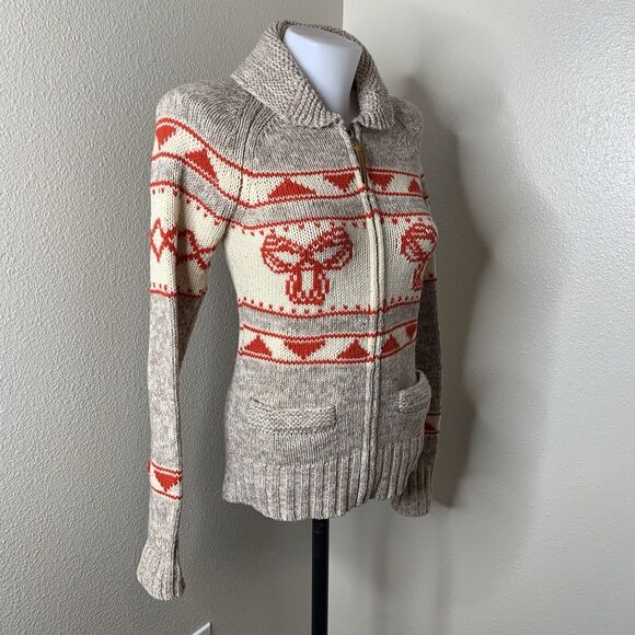 TNA Aritzia "Sea to Sky" Cowichan Sweater Women Sz S Lambswool Tan Red Full Zip - Picture 1 of 8